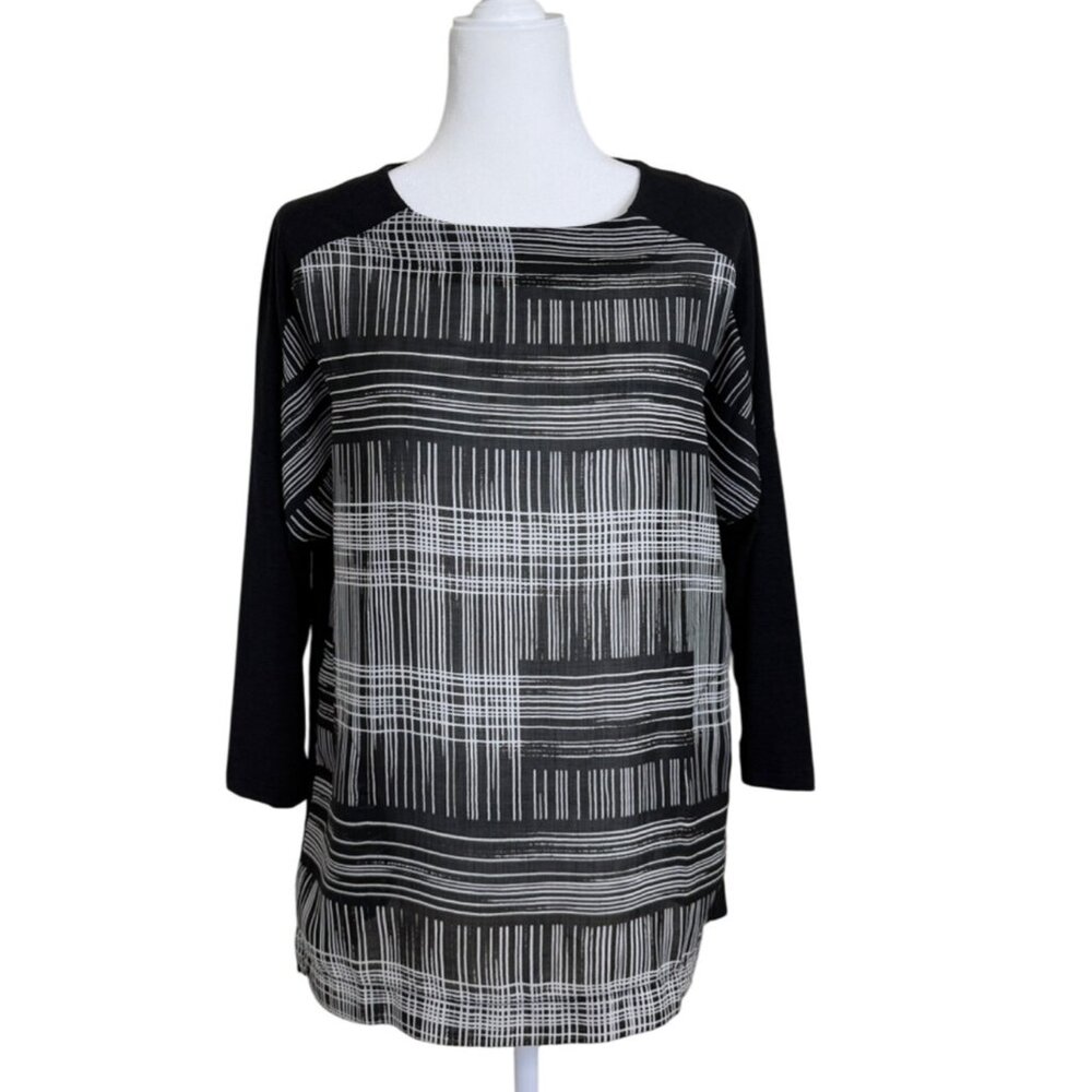Terra Womens Size M Top Tunic Black White 3/4 Sleeve Lagenlook